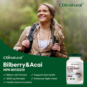 Bilberry 50:1 Extract 3000 mg Strength & Acai Berry, 120 Vegan Capsules, 4-Month Supply